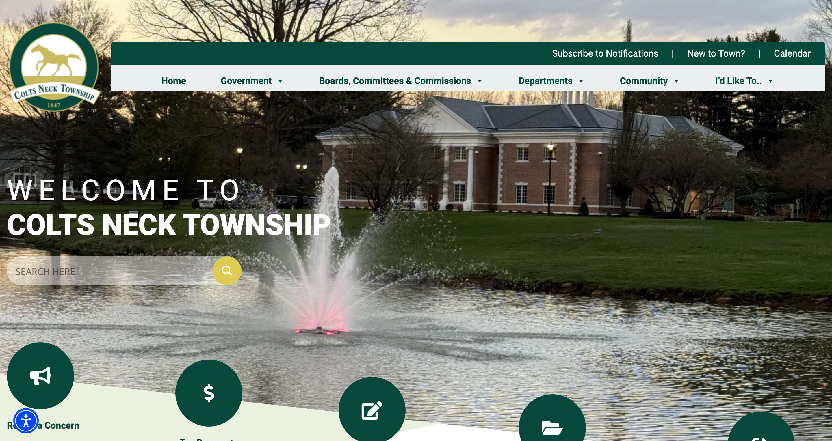 Homepage of the Colts Neck Township, New Jersey municipal website, designed by Town Web