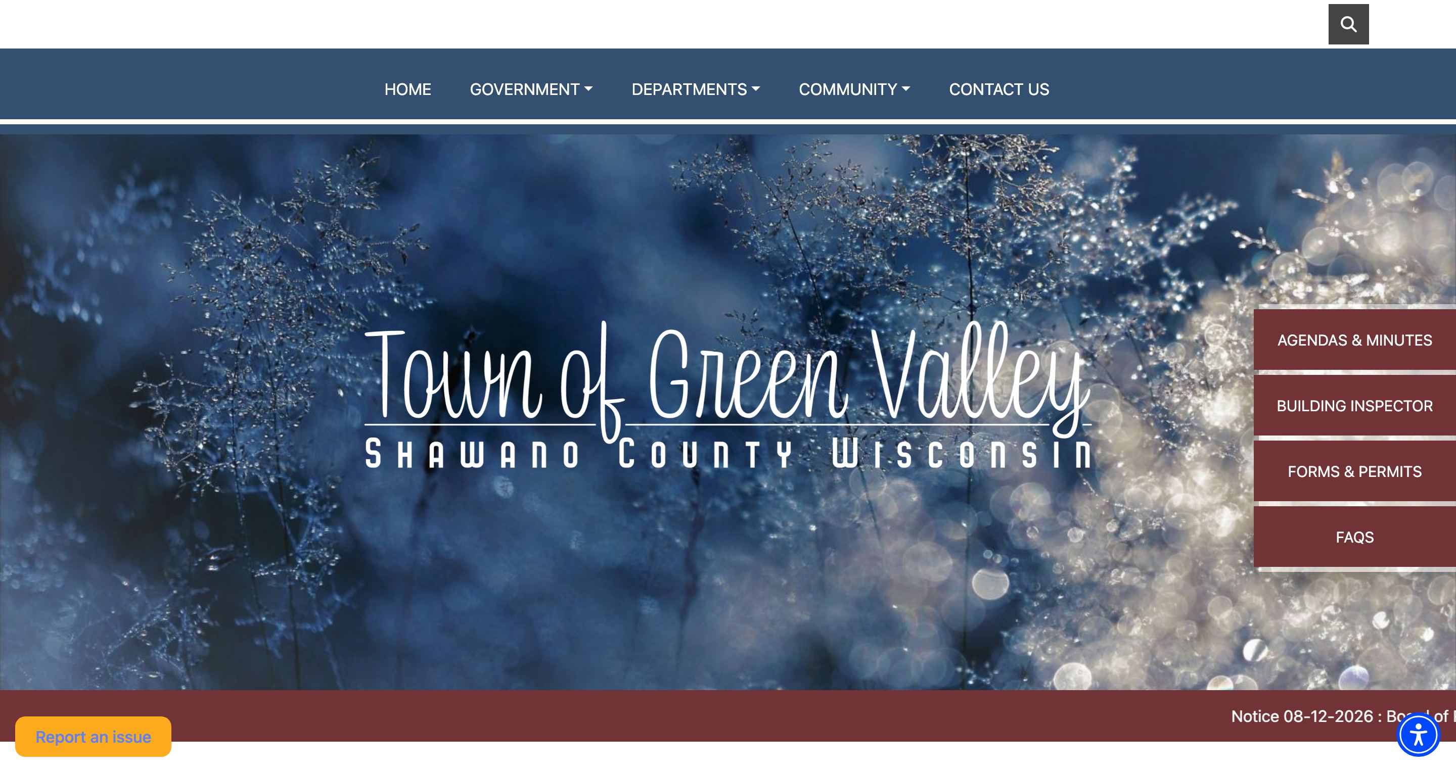 Homepage of the Town of Green Valley, Wisconsin municipal website, designed by Town Web