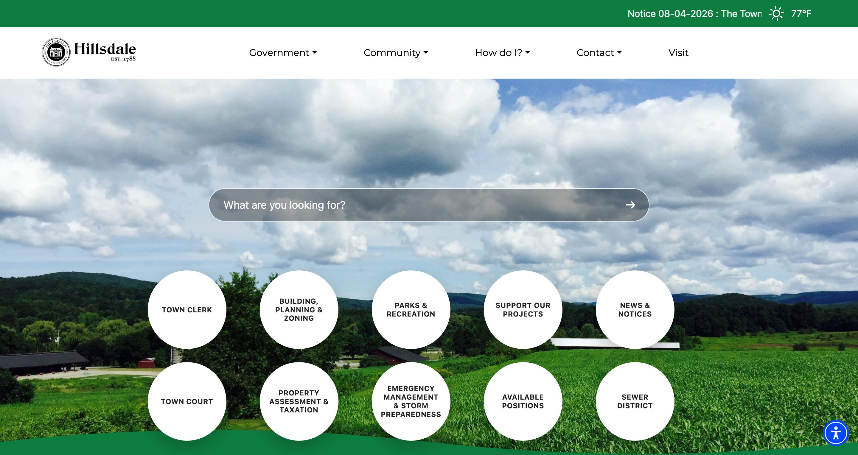 Homepage of the Town of Hillsdale, New York municipal website, designed by Town Web