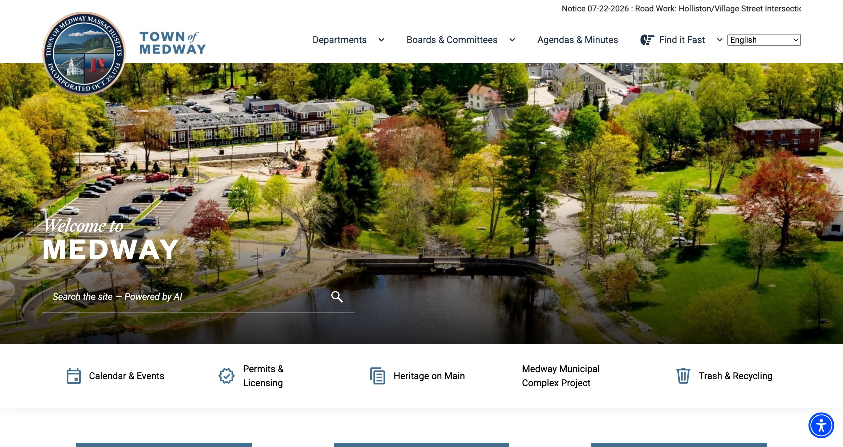 Homepage of the Town of Medway, Massachusetts municipal website, designed by Town Web