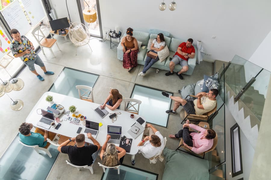 A look across the Town Web office from above, with the team at their desks