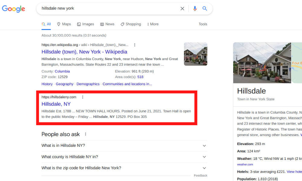Google search result for Hillsdale, NY